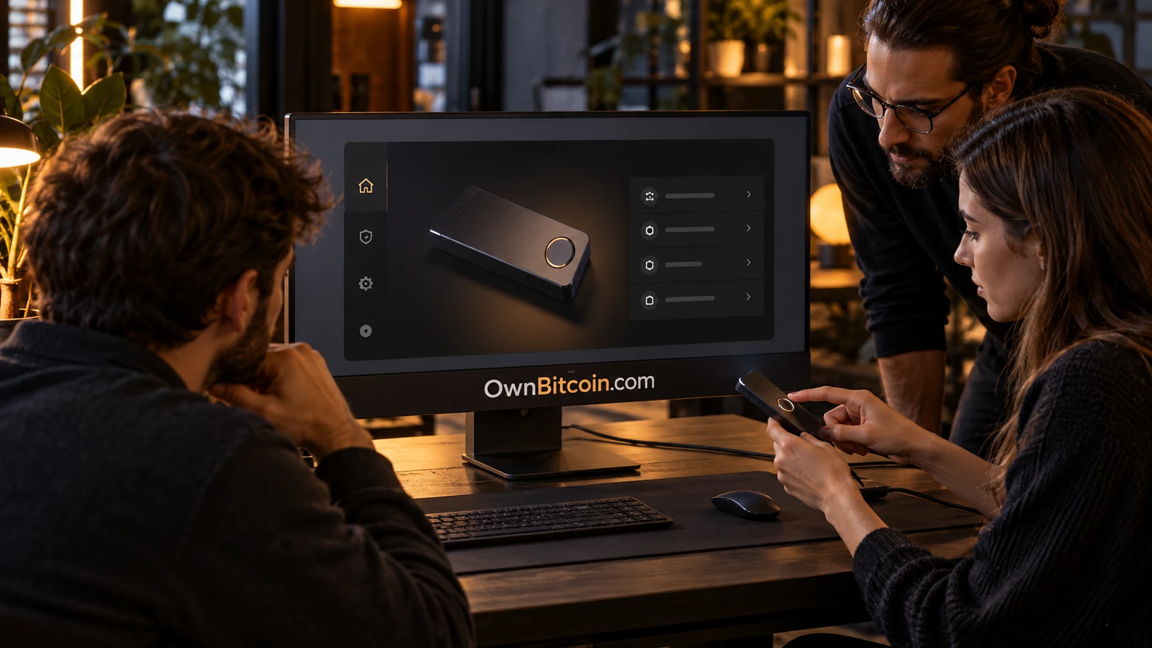 A Bitcoin hardware demonstration in an amber-lit studio